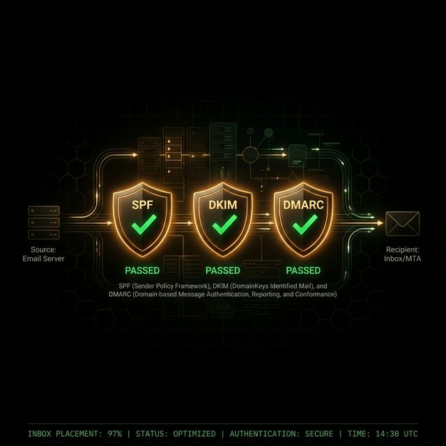 Email deliverability infrastructure with SPF DKIM DMARC shields